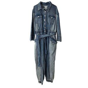 LAtiste by Amy Womens 2X  Jumpsuit Blue Two-Tone Denim Long Sleeve One-Piece NEW